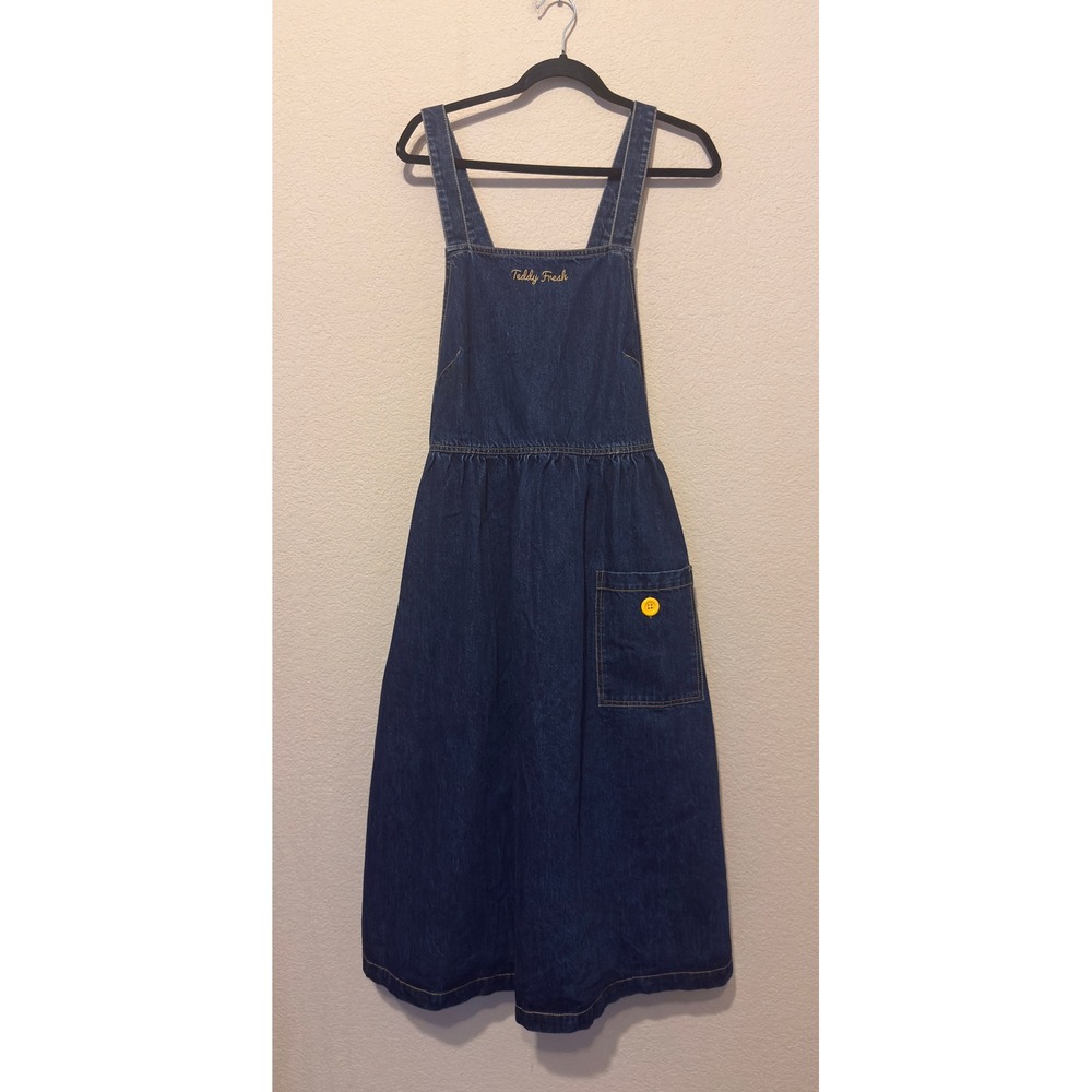 Teddy Fresh Denim Overall Pinafore Dress Dark Wash Embroidered Logo Large Cotton